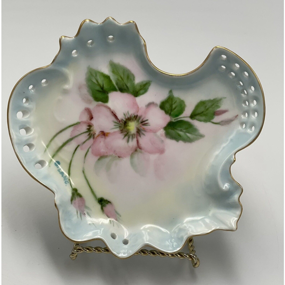 Hand Painted Reticulated Porcelain Trinket Dresser Jewelry Dish Signed Date 1961 - Picture 1 of 8